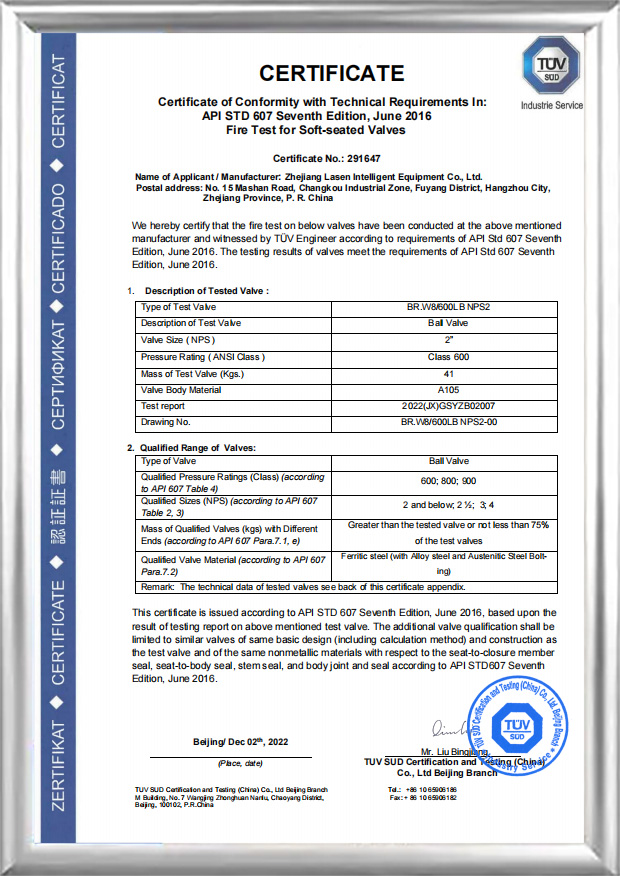 API 607 ​​brandcertificering (BR.W8/600 LB NPS2)